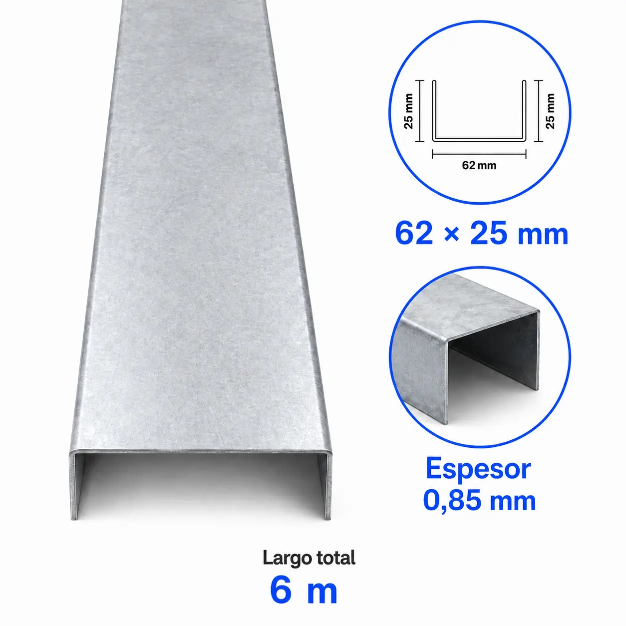 Canal U Estructural Metalcon 62x25x0,85mm x 6m