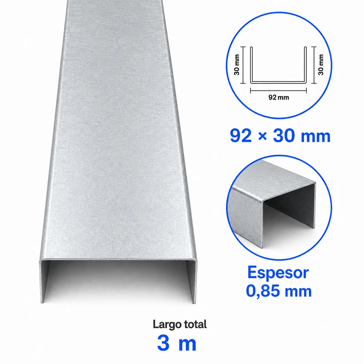 Canal U Estructural Metalcon 92x30x0,85mm x 3m