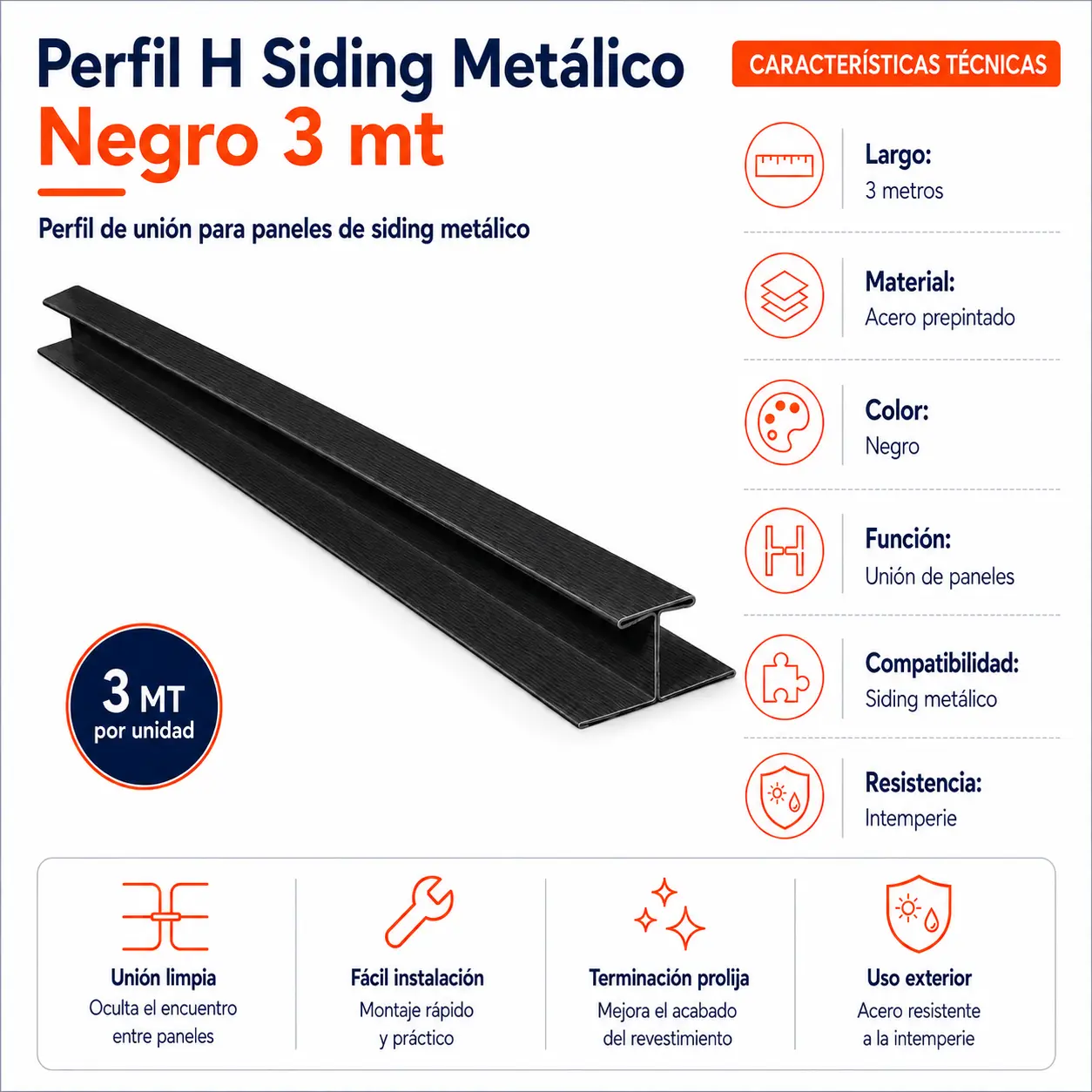 infografía Perfil H Siding Metálico Negro
