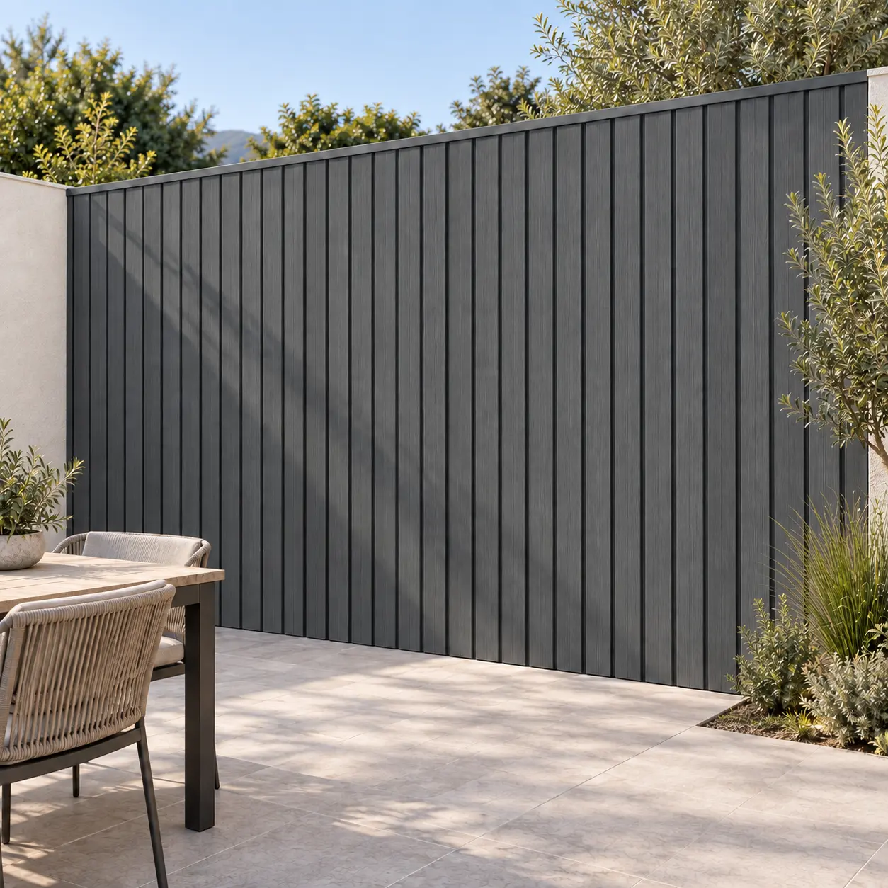 Wall Panel Exterior Andracita Instalado Wall panel exterior WPC antracita instalado en muro perimetral de patio con terraza