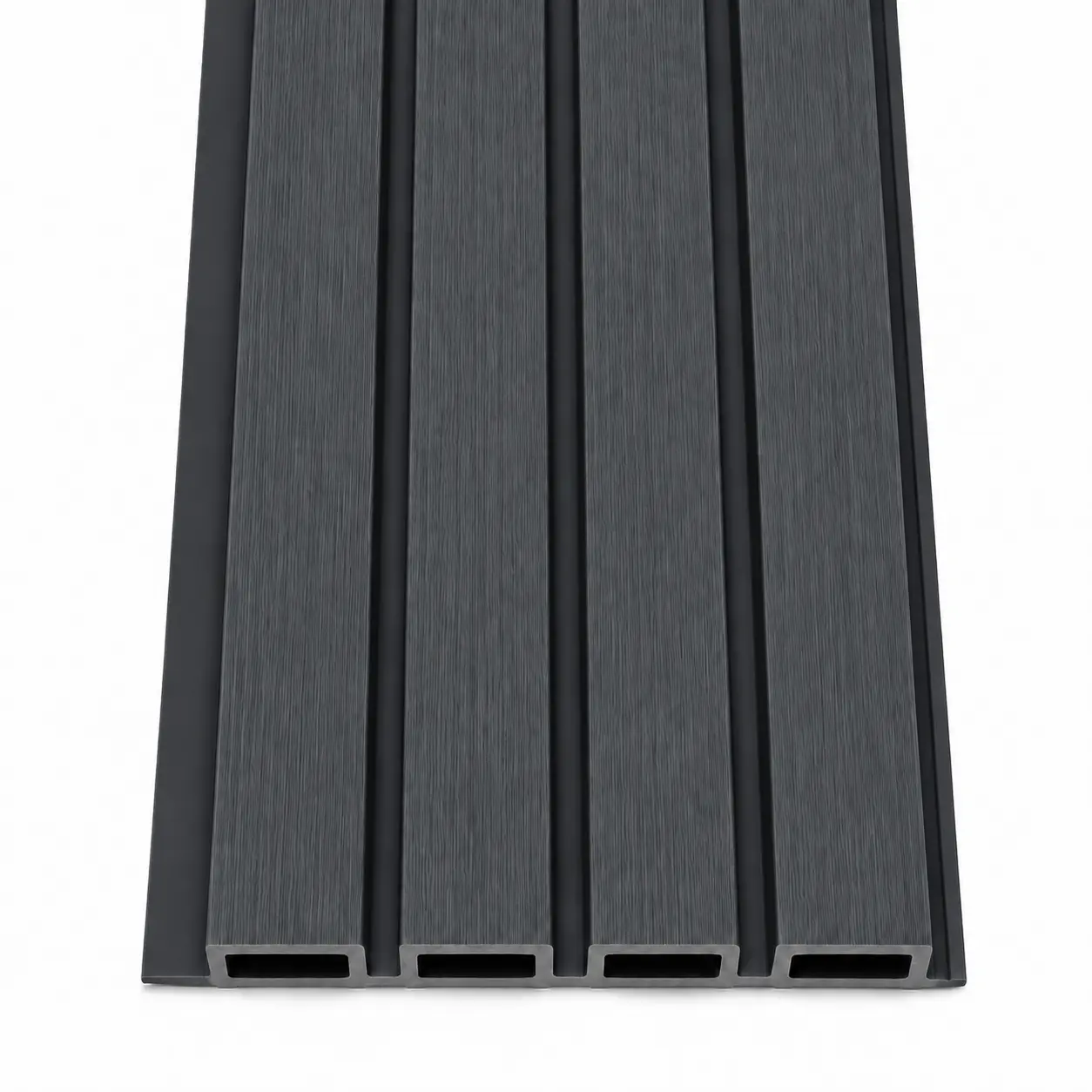 Wall Panel Exterior Andracita Wall panel exterior WPC antracita, tira de cuatro nervios gris oscuro vista de frente