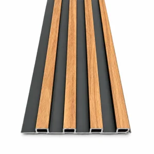 Wall panel interior WPC teca negro, nervios color teca sobre base negra