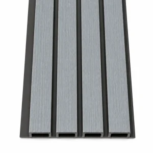 Wall panel exterior WPC gris moderno de cuatro nervios con veta clara y canales gris oscuro