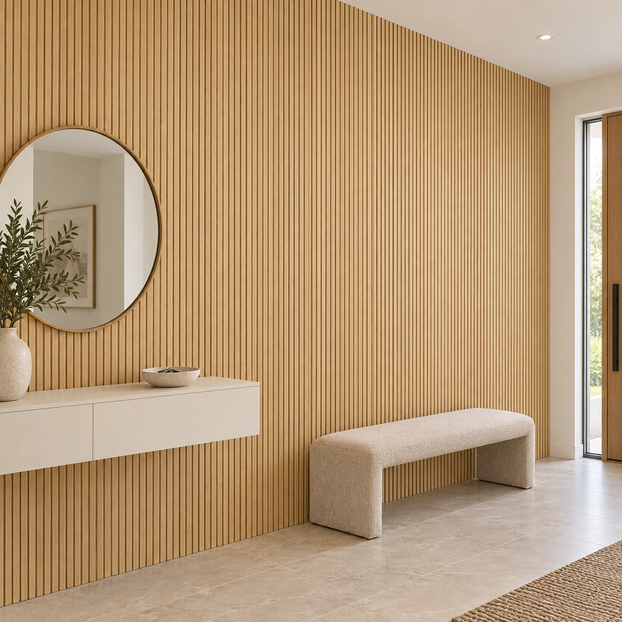 wall-panel-roble-natural-recibidor Wall panel interior WPC roble natural instalado en muro de recibidor con espejo redondo